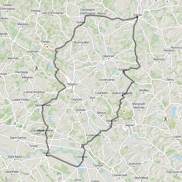 Mapa miniatúra "Poznávanie Armagnacu na bicykli" cyklistická inšpirácia v Midi-Pyrénées, France. Vygenerované cyklistickým plánovačom trás Tarmacs.app