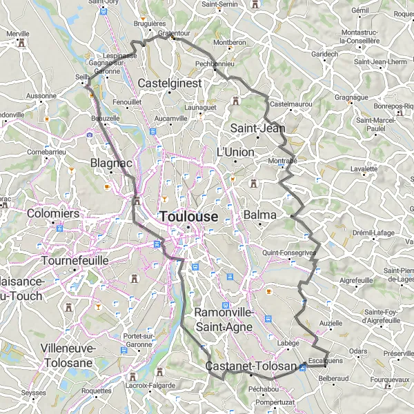 Miniatua del mapa de inspiración ciclista "Ruta panorámica Castanet-Tolosan - Saint-Orens-de-Gameville" en Midi-Pyrénées, France. Generado por Tarmacs.app planificador de rutas ciclistas
