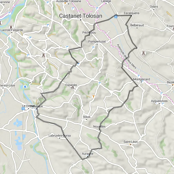 Kartminiatyr av "Runt Escalquens: Belbèze-de-Lauragais, Auragne, Corronsac, Cavaillé" cykelinspiration i Midi-Pyrénées, France. Genererad av Tarmacs.app cykelruttplanerare