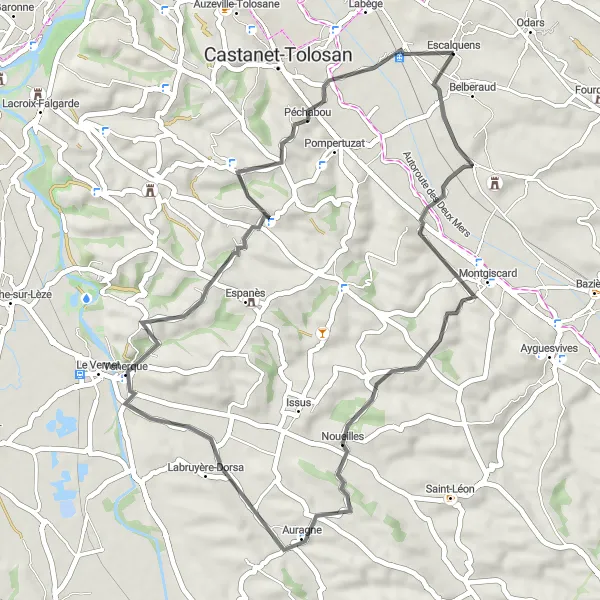 Map miniature of "Lauragais Delight" cycling inspiration in Midi-Pyrénées, France. Generated by Tarmacs.app cycling route planner