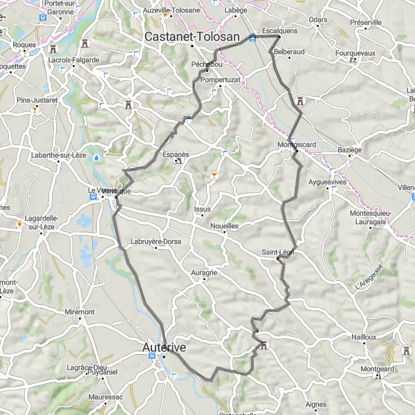 Miniature de la carte de l'inspiration cycliste "Les collines de la Haute-Garonne" dans la Midi-Pyrénées, France. Générée par le planificateur d'itinéraire cycliste Tarmacs.app
