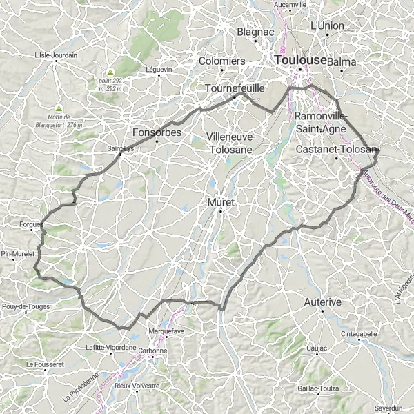 Kartminiatyr av "Lång cykeltur i området runt Escalquens" cykelinspiration i Midi-Pyrénées, France. Genererad av Tarmacs.app cykelruttplanerare