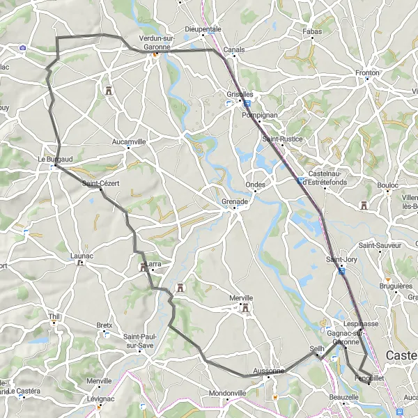 Map miniature of "Fenouillet - Verdun-sur-Garonne Discovery" cycling inspiration in Midi-Pyrénées, France. Generated by Tarmacs.app cycling route planner