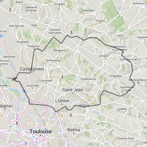 Miniatua del mapa de inspiración ciclista "Recorrido a Bonrepos-Riquet" en Midi-Pyrénées, France. Generado por Tarmacs.app planificador de rutas ciclistas