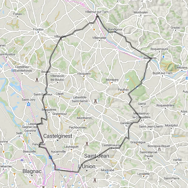 Kartminiatyr av "Cykeltur til Montastruc-la-Conseillère" sykkelinspirasjon i Midi-Pyrénées, France. Generert av Tarmacs.app sykkelrutoplanlegger