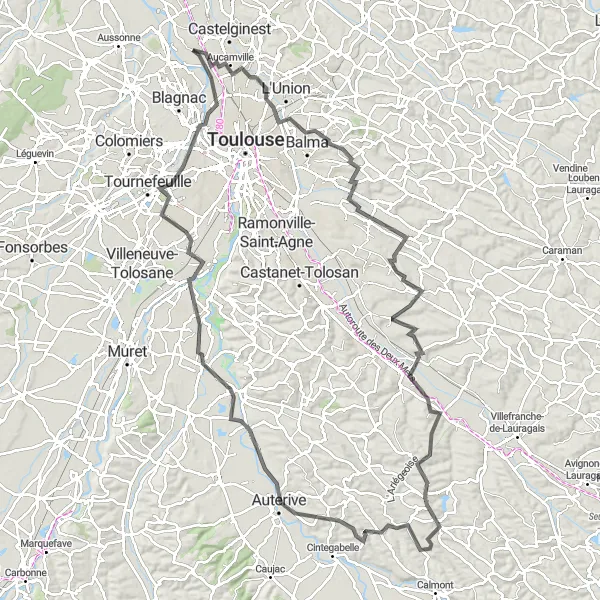 Miniature de la carte de l'inspiration cycliste "La Route des Châteaux" dans la Midi-Pyrénées, France. Générée par le planificateur d'itinéraire cycliste Tarmacs.app