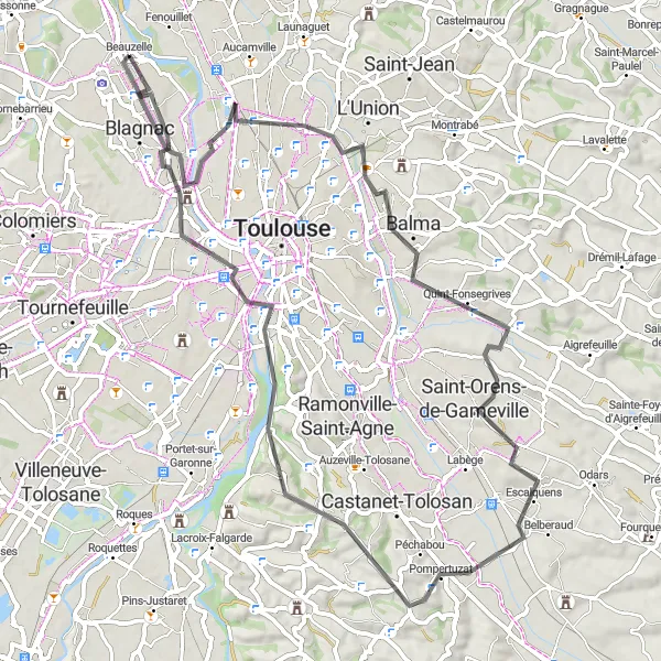 Miniatura mapy "Szybka wyprawa na rowerze z Fenouillet do Vieille-Toulouse" - trasy rowerowej w Midi-Pyrénées, France. Wygenerowane przez planer tras rowerowych Tarmacs.app