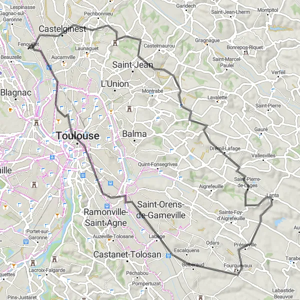 Map miniature of "Fenouillet - Toulouse Suburbs Loop" cycling inspiration in Midi-Pyrénées, France. Generated by Tarmacs.app cycling route planner
