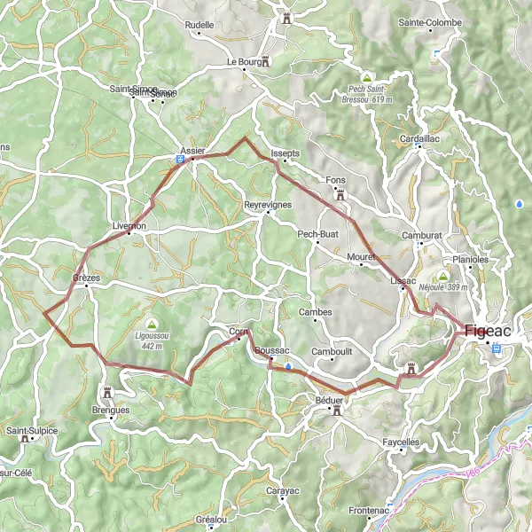Mapa miniatúra "Gravelová cyklotrasa okolo Figeac" cyklistická inšpirácia v Midi-Pyrénées, France. Vygenerované cyklistickým plánovačom trás Tarmacs.app