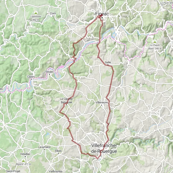Mapa miniatúra "Gravelová cyklotrasa okolo Figeacu" cyklistická inšpirácia v Midi-Pyrénées, France. Vygenerované cyklistickým plánovačom trás Tarmacs.app