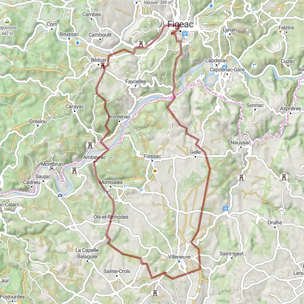 Karttaminiaatyyri "Kaunis Kulttuurimatka ympäri Figeac" pyöräilyinspiraatiosta alueella Midi-Pyrénées, France. Luotu Tarmacs.app pyöräilyreittisuunnittelijalla