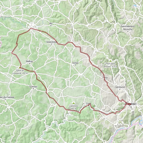 Miniature de la carte de l'inspiration cycliste "Parcours gravel des causses du Quercy" dans la Midi-Pyrénées, France. Générée par le planificateur d'itinéraire cycliste Tarmacs.app