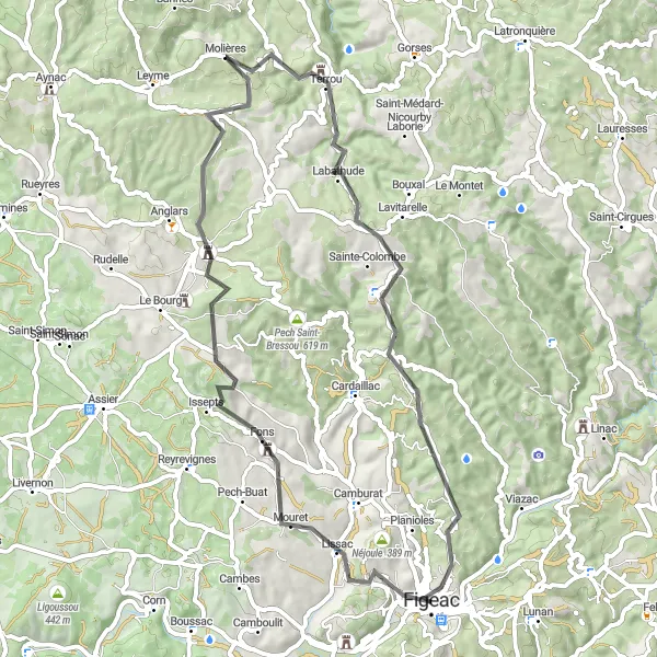 Zemljevid v pomanjšavi "Cesta okoli Figeaca" kolesarske inspiracije v Midi-Pyrénées, France. Generirano z načrtovalcem kolesarskih poti Tarmacs.app