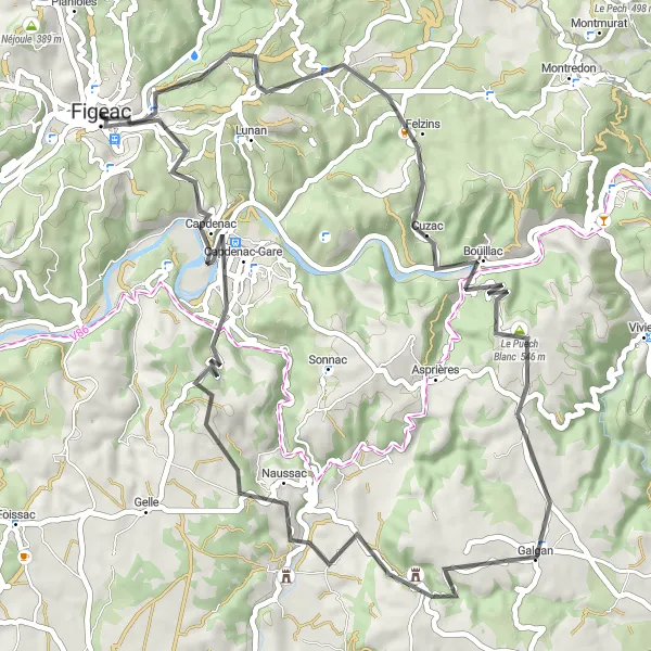 Kartminiatyr av "Runt Figeac: Historiska sevärdheter och natursköna vyer" cykelinspiration i Midi-Pyrénées, France. Genererad av Tarmacs.app cykelruttplanerare