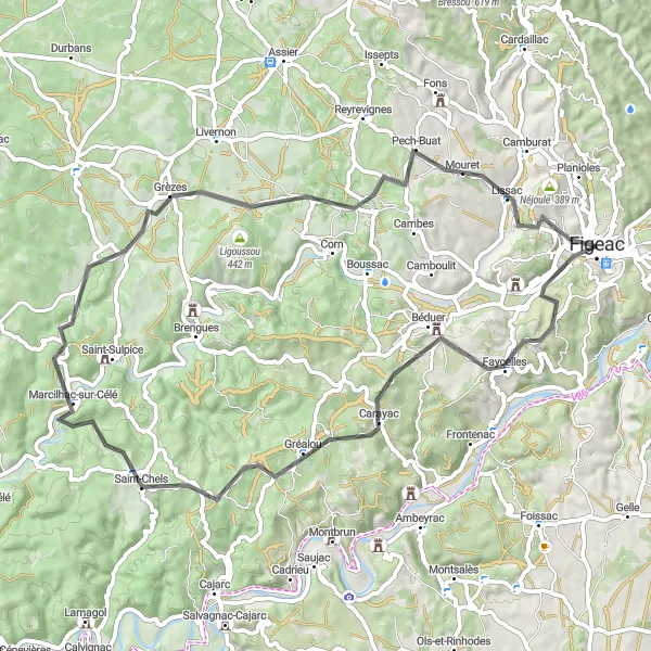 Mapa miniatúra "Cyklistická cesta k rieke Célé" cyklistická inšpirácia v Midi-Pyrénées, France. Vygenerované cyklistickým plánovačom trás Tarmacs.app