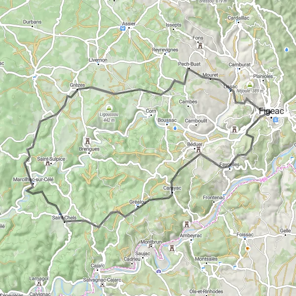 Karttaminiaatyyri "Figeac - Faycelles - Saint-Chels - Marcilhac-sur-Célé - Grèzes" pyöräilyinspiraatiosta alueella Midi-Pyrénées, France. Luotu Tarmacs.app pyöräilyreittisuunnittelijalla