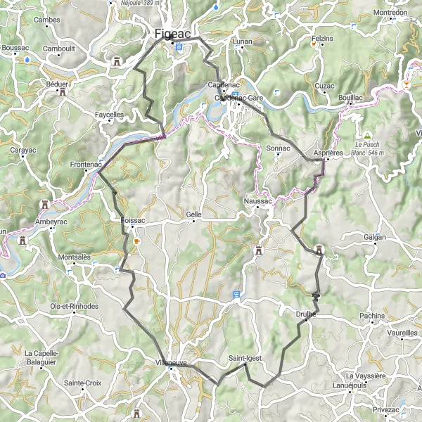 Miniature de la carte de l'inspiration cycliste "Le circuit du Capdenac-Gare" dans la Midi-Pyrénées, France. Générée par le planificateur d'itinéraire cycliste Tarmacs.app