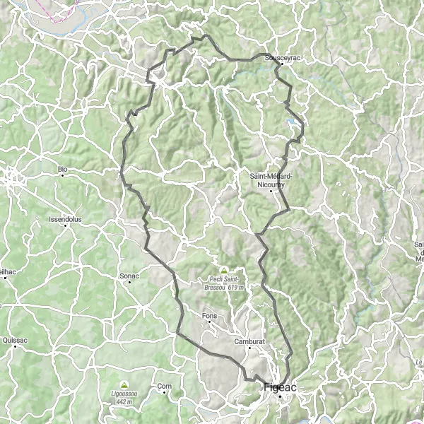 Miniature de la carte de l'inspiration cycliste "La grande boucle de Figeac" dans la Midi-Pyrénées, France. Générée par le planificateur d'itinéraire cycliste Tarmacs.app