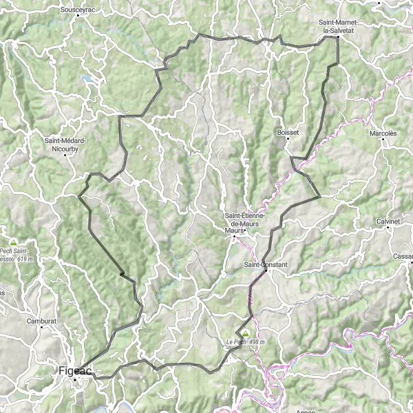 Karttaminiaatyyri "Figeac - Viazac - Latronquière - Labastide-du-Haut-Mont - Montmurat" pyöräilyinspiraatiosta alueella Midi-Pyrénées, France. Luotu Tarmacs.app pyöräilyreittisuunnittelijalla