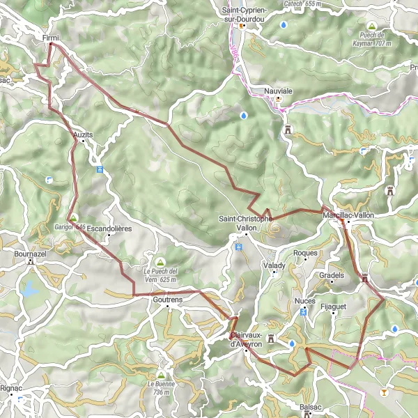 Miniatua del mapa de inspiración ciclista "Ruta de grava con 1206 m de ascenso en 55 km cerca de Firmi" en Midi-Pyrénées, France. Generado por Tarmacs.app planificador de rutas ciclistas