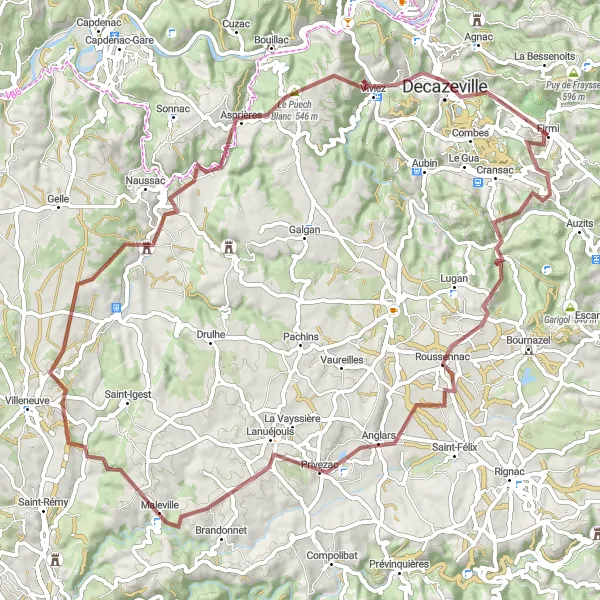 Miniaturní mapa "Gravelová trasa Roussennac - Lanuéjouls - Château de Marinesque - Asprières - Le Puech Blanc - Decazeville - Plan aérien" inspirace pro cyklisty v oblasti Midi-Pyrénées, France. Vytvořeno pomocí plánovače tras Tarmacs.app