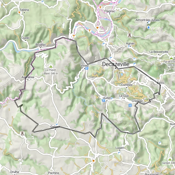 Miniature de la carte de l'inspiration cycliste "Itinéraire champêtre entre Cransac et Boisse-Penchot" dans la Midi-Pyrénées, France. Générée par le planificateur d'itinéraire cycliste Tarmacs.app