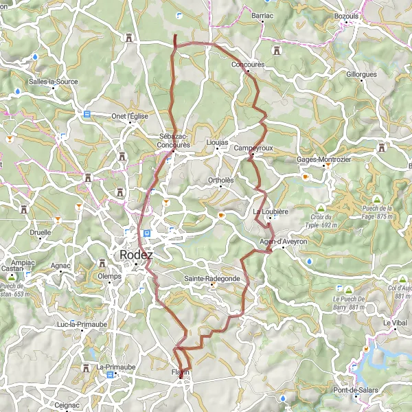 Miniaturní mapa "Gravel okruh kolem Flavinu" inspirace pro cyklisty v oblasti Midi-Pyrénées, France. Vytvořeno pomocí plánovače tras Tarmacs.app