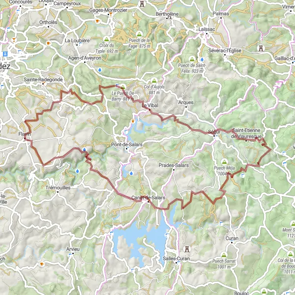 Miniaturní mapa "Gravel trasa okolo Flavin" inspirace pro cyklisty v oblasti Midi-Pyrénées, France. Vytvořeno pomocí plánovače tras Tarmacs.app