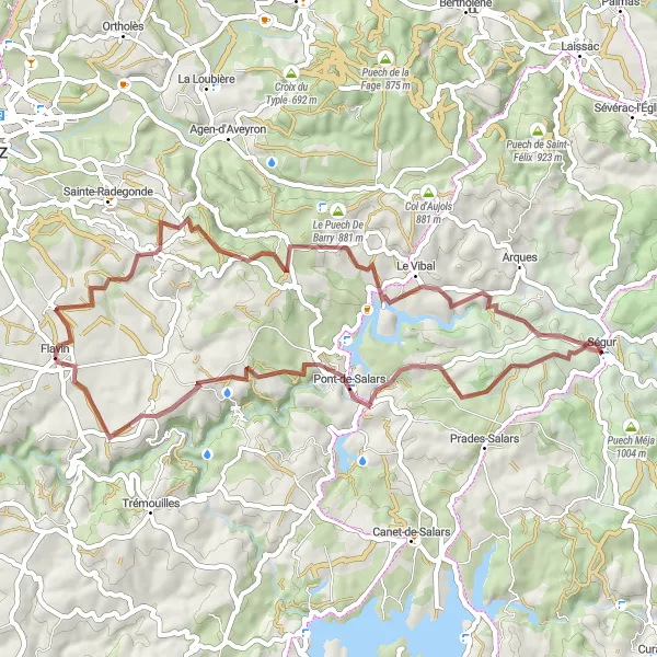 Map miniature of "Gravel Adventure in the Aveyron Hills" cycling inspiration in Midi-Pyrénées, France. Generated by Tarmacs.app cycling route planner