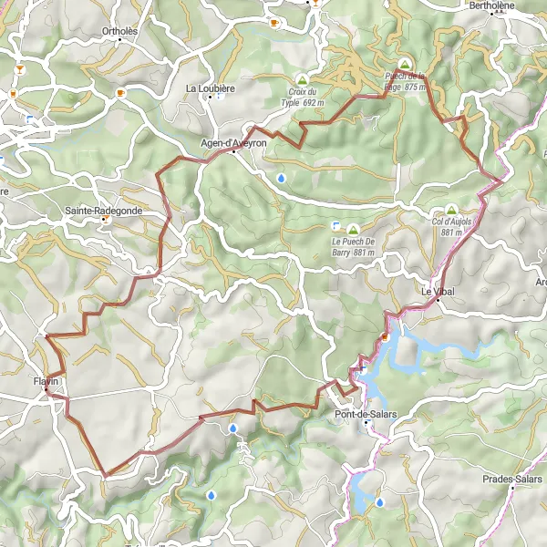 Miniature de la carte de l'inspiration cycliste "Circuit gravel autour de Flavin via Agen-d'Aveyron et Le Vibal" dans la Midi-Pyrénées, France. Générée par le planificateur d'itinéraire cycliste Tarmacs.app