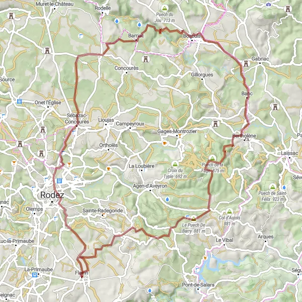 Map miniature of "The Geological Wonders of Bozouls" cycling inspiration in Midi-Pyrénées, France. Generated by Tarmacs.app cycling route planner