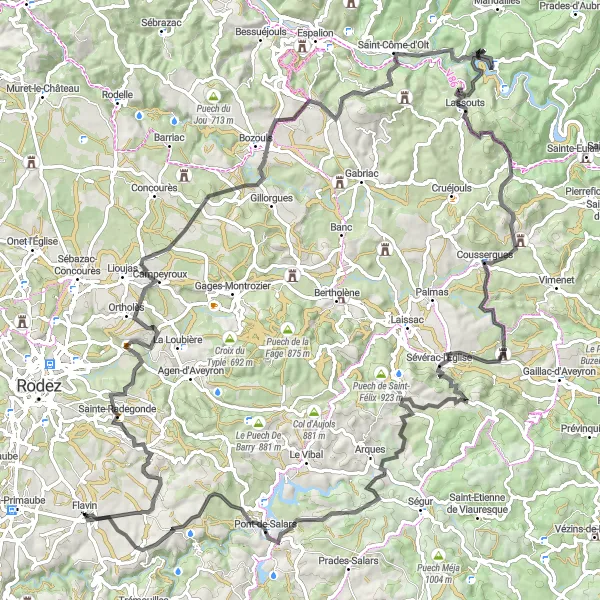 Miniatuurkaart van de fietsinspiratie "Bozouls en Sévérac-l'Église Route" in Midi-Pyrénées, France. Gemaakt door de Tarmacs.app fietsrouteplanner