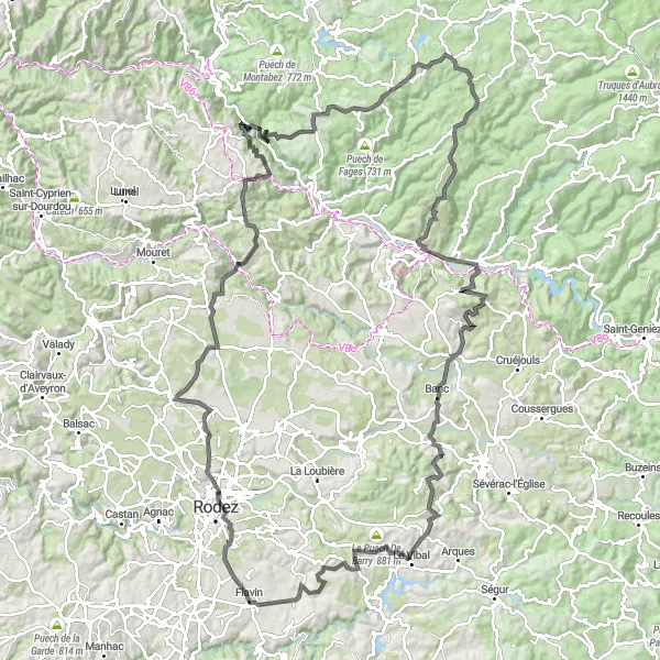 Map miniature of "Aveyron Valley Loop" cycling inspiration in Midi-Pyrénées, France. Generated by Tarmacs.app cycling route planner