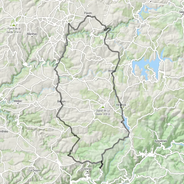 Map miniature of "Flavin Loop via Le Puech and Cassagnes-Bégonhès" cycling inspiration in Midi-Pyrénées, France. Generated by Tarmacs.app cycling route planner