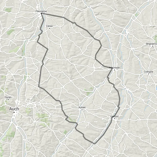 Karten-Miniaturansicht der Radinspiration "Hügeliges Abenteuer rund um Fleurance" in Midi-Pyrénées, France. Erstellt vom Tarmacs.app-Routenplaner für Radtouren