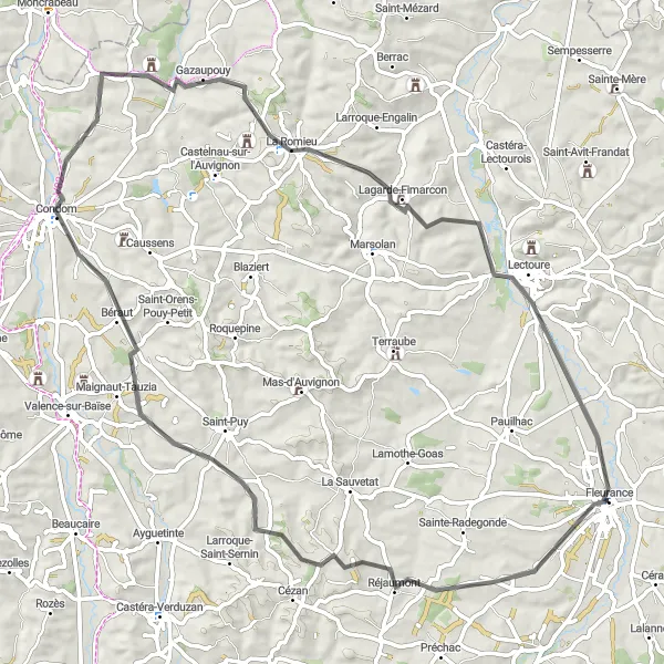 Map miniature of "Fleurance - Béraut Loop" cycling inspiration in Midi-Pyrénées, France. Generated by Tarmacs.app cycling route planner