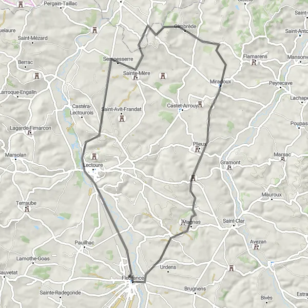 Miniatua del mapa de inspiración ciclista "Ruta de ciclismo de carretera por Fleurance y alrededores" en Midi-Pyrénées, France. Generado por Tarmacs.app planificador de rutas ciclistas