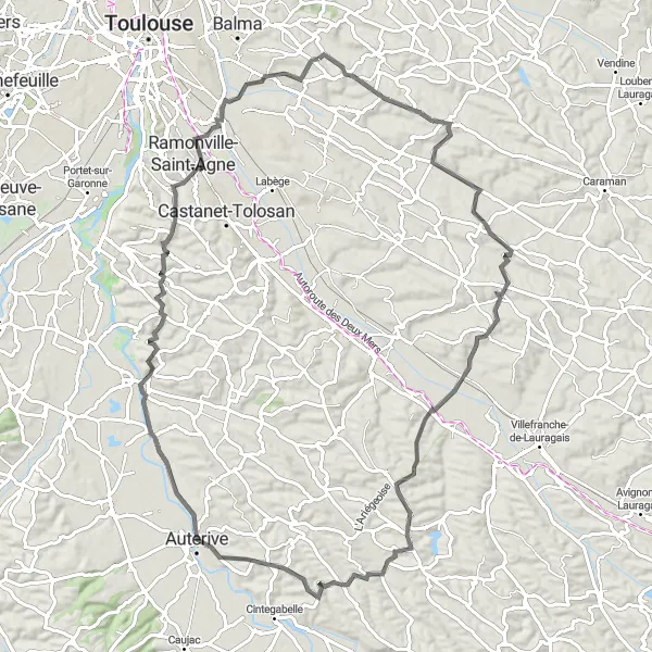 Miniatua del mapa de inspiración ciclista "Ruta de ciclismo de 95 km desde Flourens" en Midi-Pyrénées, France. Generado por Tarmacs.app planificador de rutas ciclistas