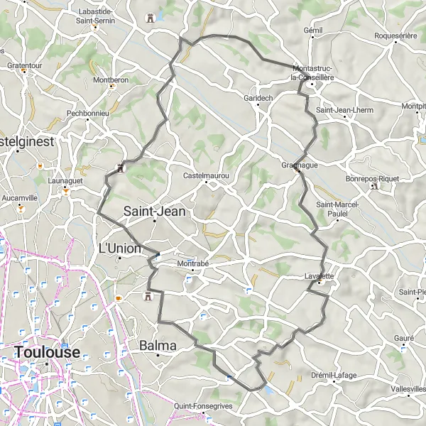 Kartminiatyr av "Kort sykkeltur i Toulouse-regionen" sykkelinspirasjon i Midi-Pyrénées, France. Generert av Tarmacs.app sykkelrutoplanlegger