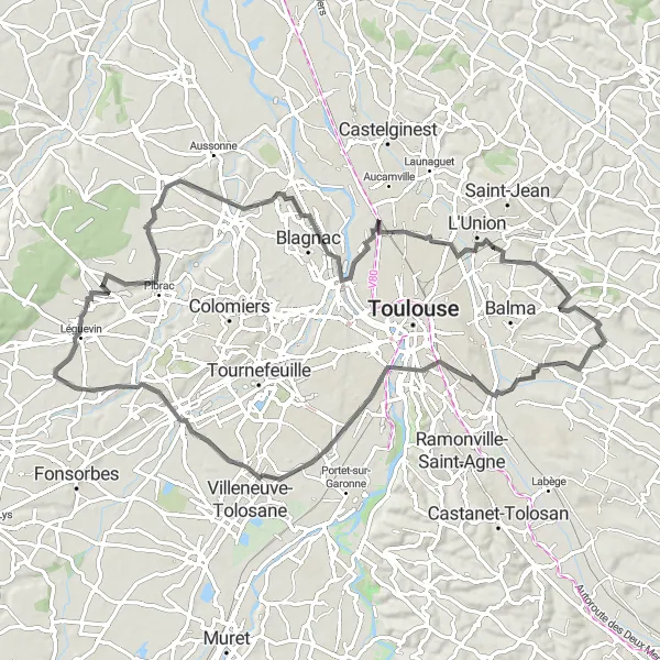 Kartminiatyr av "Quint-Fonsegrives till Flourens Cykeltur" cykelinspiration i Midi-Pyrénées, France. Genererad av Tarmacs.app cykelruttplanerare