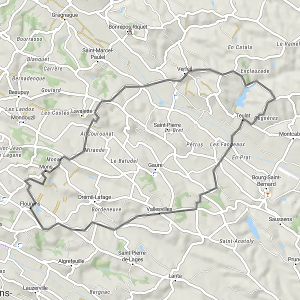 Miniature de la carte de l'inspiration cycliste "Parcours pittoresque entre Mons, Teulat et Drémil-Lafage" dans la Midi-Pyrénées, France. Générée par le planificateur d'itinéraire cycliste Tarmacs.app