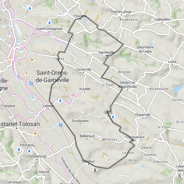 Miniaturní mapa "Příjemná cesta kolem Flourens" inspirace pro cyklisty v oblasti Midi-Pyrénées, France. Vytvořeno pomocí plánovače tras Tarmacs.app