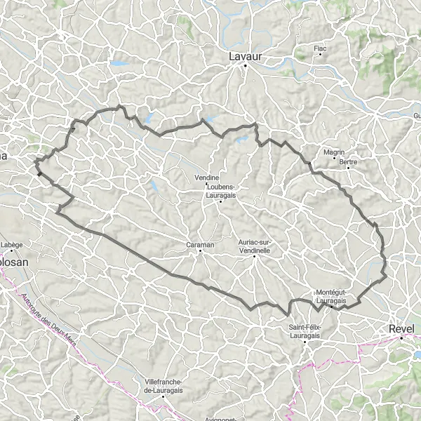 Miniaturekort af cykelinspirationen "Bakkerig tur til Montégut-Lauragais" i Midi-Pyrénées, France. Genereret af Tarmacs.app cykelruteplanlægger