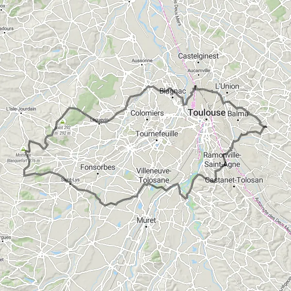 Miniatua del mapa de inspiración ciclista "Ruta de ciclismo de carretera desde Flourens" en Midi-Pyrénées, France. Generado por Tarmacs.app planificador de rutas ciclistas