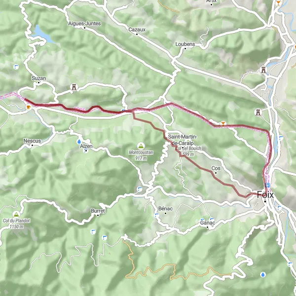 Map miniature of "Gravel Loop through Cadarcet and Moulinery from Foix" cycling inspiration in Midi-Pyrénées, France. Generated by Tarmacs.app cycling route planner