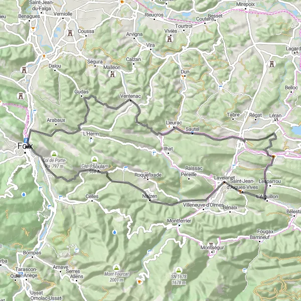 Miniatuurkaart van de fietsinspiratie "Wegroute naar Saint-Jean-d'Aigues-Vives en terug" in Midi-Pyrénées, France. Gemaakt door de Tarmacs.app fietsrouteplanner