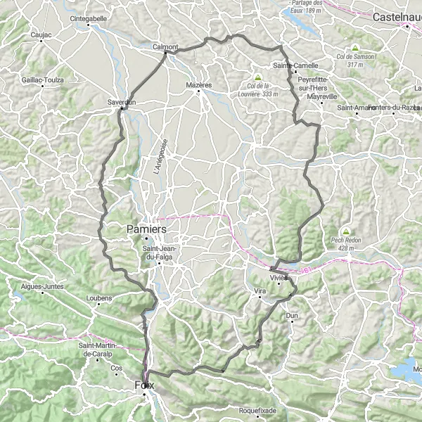 Miniature de la carte de l'inspiration cycliste "La Route des Trois Pyrénées" dans la Midi-Pyrénées, France. Générée par le planificateur d'itinéraire cycliste Tarmacs.app