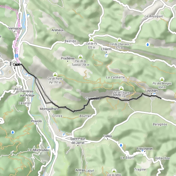 Kartminiatyr av "Kort, men utfordrende rute til toppen av Pic de l'Aspre" sykkelinspirasjon i Midi-Pyrénées, France. Generert av Tarmacs.app sykkelrutoplanlegger