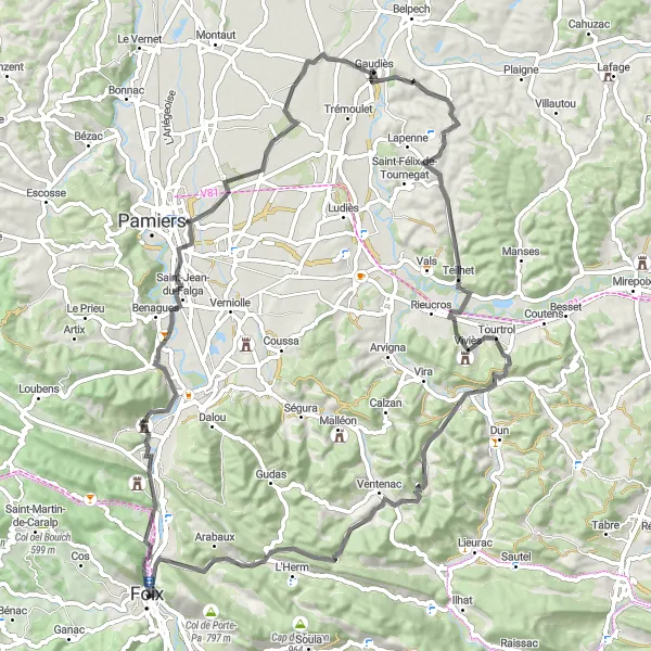 Map miniature of "Scenic Road Ride to Ventenac and Col de Py" cycling inspiration in Midi-Pyrénées, France. Generated by Tarmacs.app cycling route planner