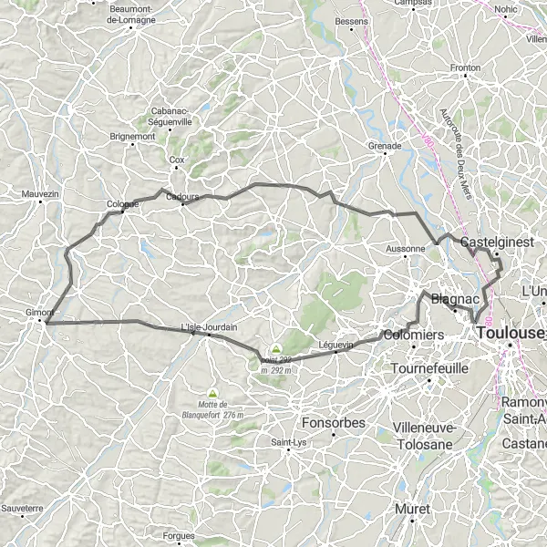 Miniatua del mapa de inspiración ciclista "Ruta de 120 km en carretera desde Fonbeauzard" en Midi-Pyrénées, France. Generado por Tarmacs.app planificador de rutas ciclistas
